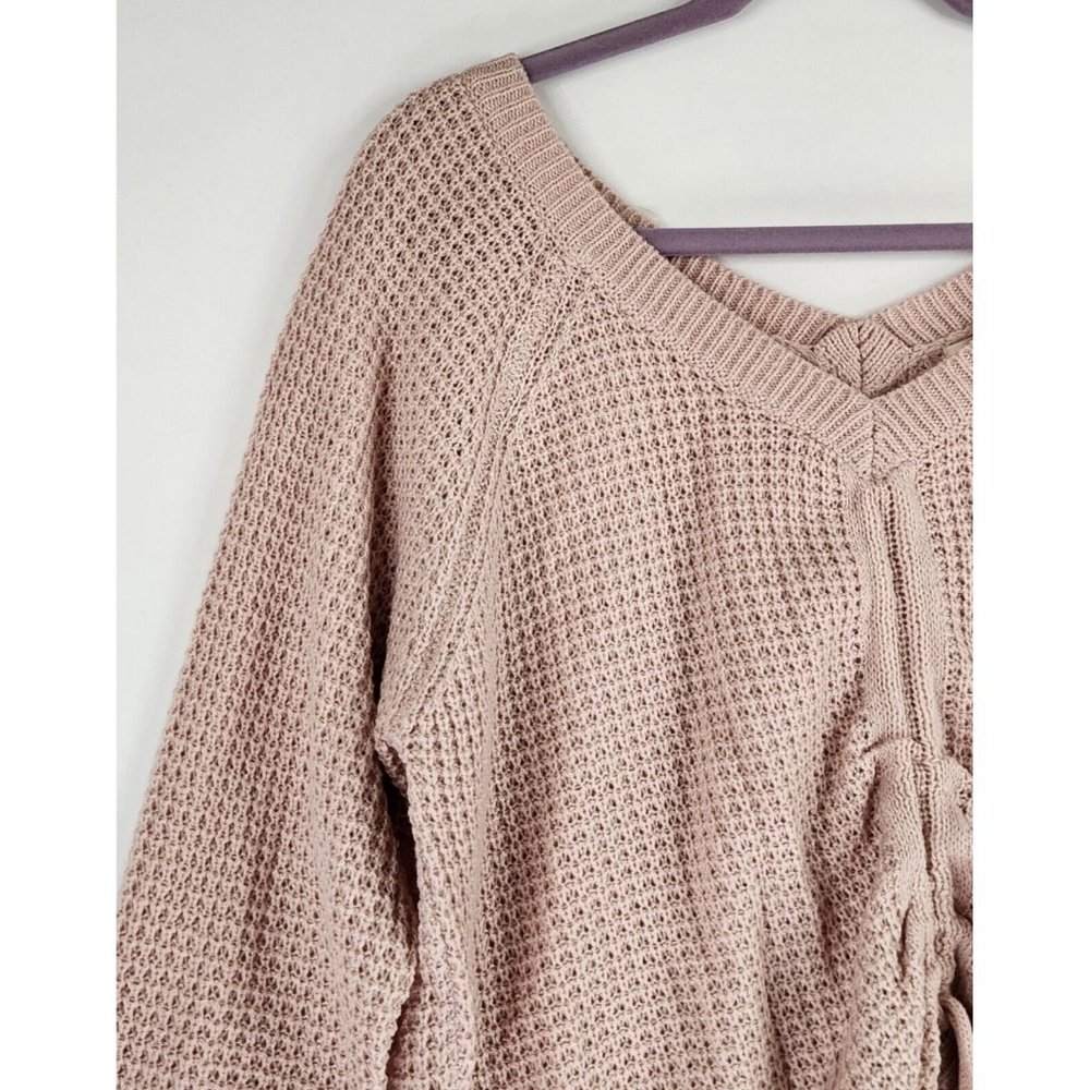 Full Circle Trends Sweater Womens XL Pink Cropped Preppy Cinched Waffle Knit Top - Picture 5 of 13